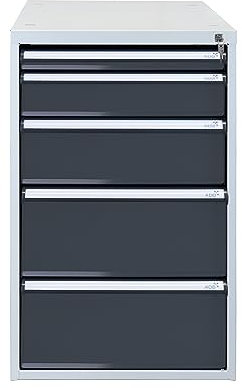 PROREGAL Schubladenbox mit 5 Schubladen für Werkbank Rhino | HxBxT 80x53x70cm | Traglast 60kg | Lichtgrau/Anthrazitgrau | Werkbankzubehör, Baukastensystem, Stahlschublade