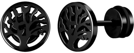 INFINIONLY Homme Femme Boucles d'oreilles en Acier Inoxydable Clous et puces d'oreilles d'arbre de vie pour Garçon Fille Bijoux fantaisie Oreilles Percées Mode Bouchons d'oreilles à vis, Noir