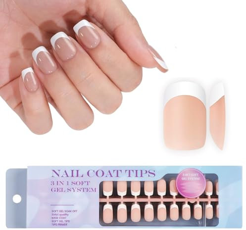 DMQ French Tip False Nails, 300Pcs French Press On Nails Short, Nude Square X-coat Fake Nails, Full Cover Stick On Nail for Women White Tip Nail Art - 15 Sizes (Nude Square)