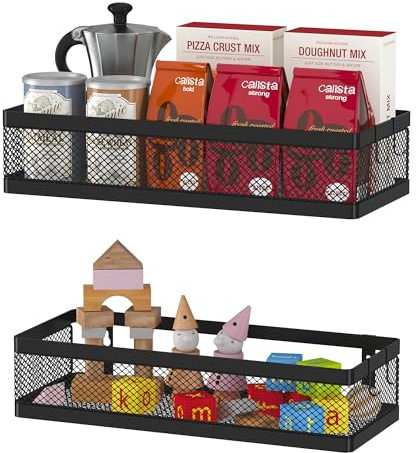 PUSDON Mesh Shower Caddy Wall Mount, Heavy Duty Adhesive Bathroom Shelf Organizer, Rustproof Floating Spice Rack for Kitchen Pantry, Holds 50 LBS, Multi-Purpose Storage Black-2 Packs (Netting)