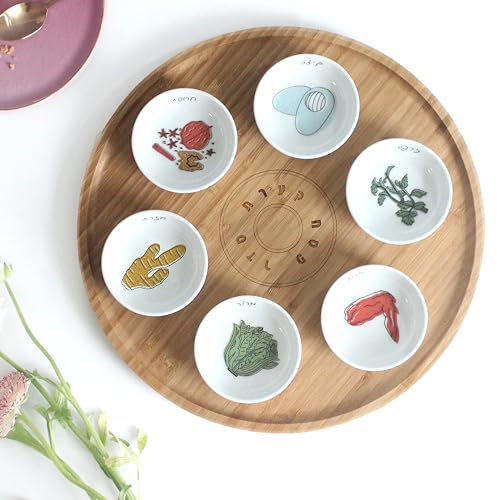 Mickala Handgefertigter großer Pessover Seder Teller mit 6 bunten Keramikschalen, Bambus-Pessover Sedar Teller Set, Geschenkverpackung, jüdische Feiertage und traditionelle Tischdekorationen, Geschenk