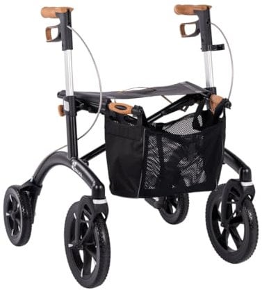 Saljol Allround Alu Rollator, 6,4 kg Leichtgewichtrollator, Sitzhöhe 54 cm, Tasche, Outdoor Gehhilfe für Stadt und Offroad, Schwarz
