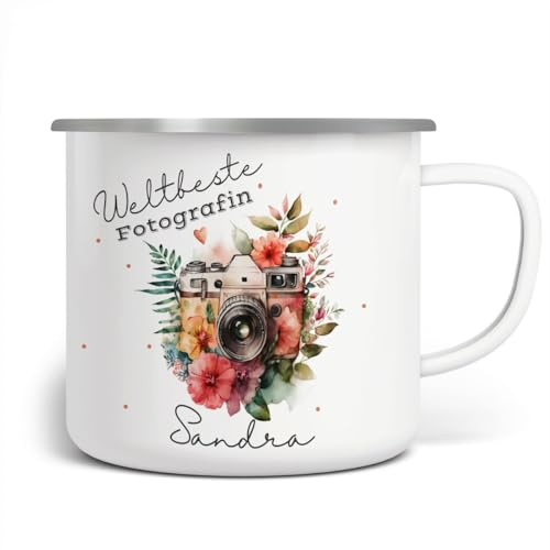 miKalino Personalisierte Emaille Tasse, Beste Fotografin Geschenk, Kamera Motiv, Blumen Design, Personalisiert mit Wunschnamen, Tasse mit Namen - Tasse bedruckt,