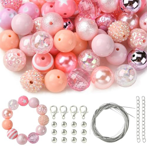 UR URLIFEHALL Lot de 50 grosses perles en acrylique rose avec perles d'espacement rondes et fermoirs mousquetons pour la fabrication de bijoux