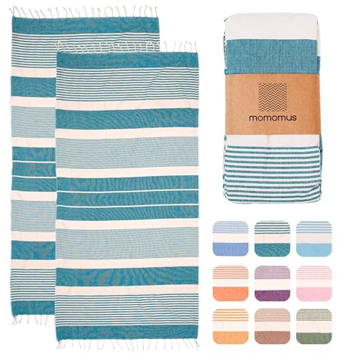 MOMOMUS Pack de 2 Foutas XL o Toallas de Playa Grandes de Algodón - Absorbente, Ultrasuave y Compacta - Ideal como Pareo de Playa o Toalla de Piscina - Verde, 90x180 cm