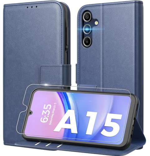 Peakally Handyhülle für Samsung Galaxy A15 5G / A15 4G [Mit 1 Stück Panzer Schutz Glas] [Premium PU Leder] [RFID-Blockierung] [Kartenfach] Klapphülle kompatibel mit A15, Hellblau