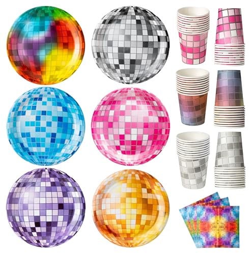 K1tpde Disco Party Tableware Set- 30set 70s 80s Pink Silver Disco Birthday Decorations Included Disposable Waterproof Paper Plates Cup Napkins for Ladies 90s Dance Party Supplies, 30 Guest