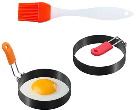Egg Rings for Frying - 2 Pack Non Stick Egg Rings, Stainless Steel Frying Egg Ring Mold with Anti-Scald Folding Handle and an Oil Brush, Egg Circles for Fried Eggs, Pancake, Mini Burger Patty
