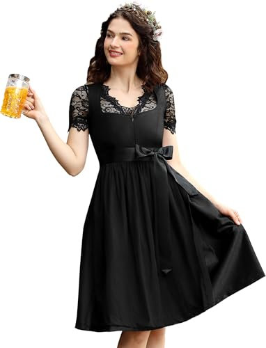 Dirndl Damen Trachtenkleid Inkl. Dirndlbluse und DirndlschüRze 3 Teilig füR Bayerisches Oktoberfest Halloween Karneval (Schwarz, 38)