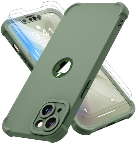 ORETECH for iPhone 13 Case, with [2 Pack Tempered Glass Screen Protector] [Camera Lens Guard] [15FT Military Grade Drop Test] 360° Shockproof Slim Fit Rubber Bumper Phone Cover - Pale Green