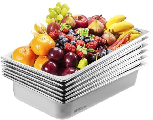 VEVOR Bac Gastronorme GN 1/1 Lot de 6, Récipient Inox pour Bain-marie 0,8 mm d'Épaisseur, Bac Inox Alimentaire 10,7 cm Profondeur, pour Fours à Convection, Réfrigérateurs, Stockage, Restauration