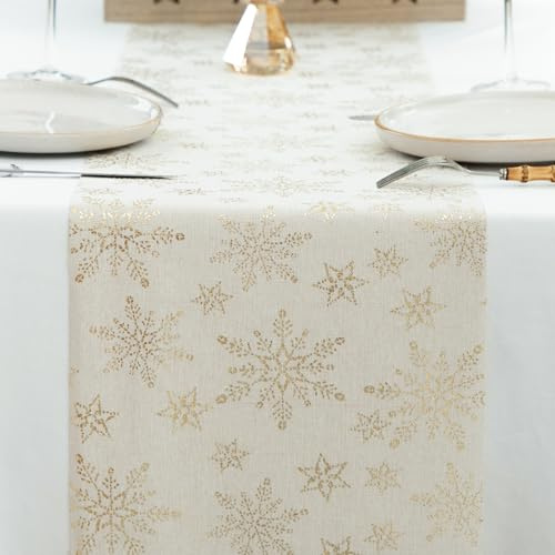 Yeahshion Chemin de Table Or Noël à Motif Flocon de Neige 28cmx5m, Chemin de Table en Polyester Elégant, Décoration pour Fête, Anniversaire, DIY, Emballage