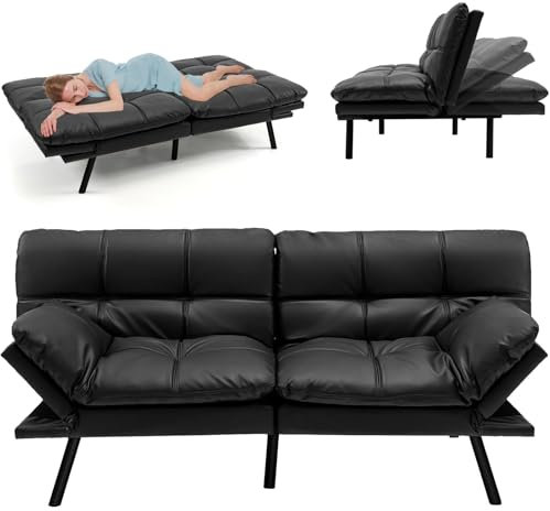 RELAX4LIFE Canapé-lit Convertible 5-en-1 en PU avec Dossier Réglables à 3 Niveaux | Accoudoirs Réglables à 4 Niveaux| Pieds en Métal, Canapé-Lit Moderne à Dossier Divisé (Polyuréthane (PU),Noir)