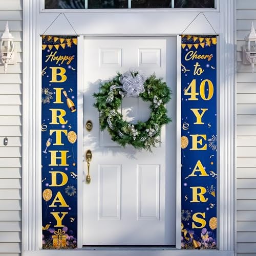 Happy 40th Birthday Door Banner Blue Gold 40th Birthday Party Decorations, 40th Birthday Door Decorations Porch Hanging Banner for Men 40 Year Old Indoor Outdoor Garden Blue Gold