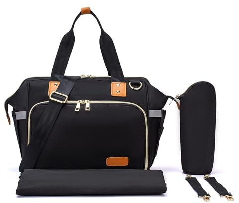 Fexkean Wickeltasche, große Wickeltasche für Mama und Papa, stilvolle Reisetasche, Kuriertasche, Schwarz