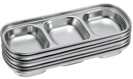 sourcing map Paquete de 6 cuencos de acero inoxidable con 3 compartimentos rectangulares divididos, plato de metal para condimentos, fiesta en casa, restaurante, picnic, viajes, color plateado