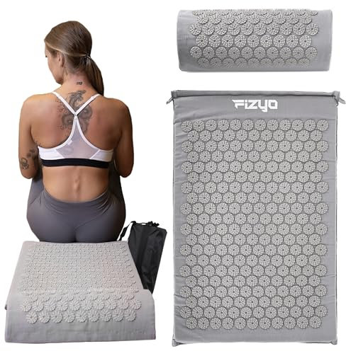 Fizyo Akupressurmatte mit Kissen: Akupunktur Matte und Akupressurkissen für Rücken, Nacken und Füße, lindert Schmerzen, Stress und Schlafstörungen, Akkupressmatte Entspannungs-Set mit Tasche, Grau