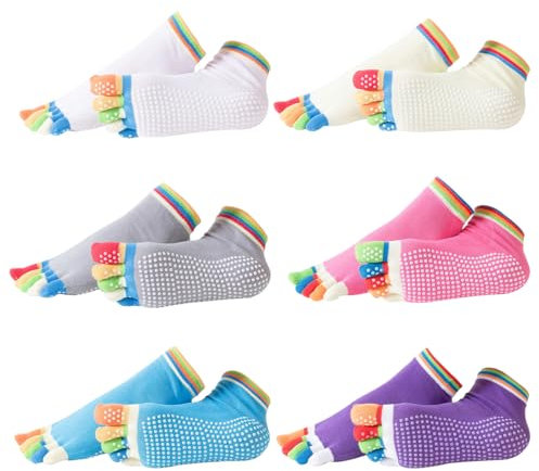 BORISCA 6 Paires Chaussette à Doigts Femme, Chaussettes Antidérapantes Femme Multicolore Chaussettes 5 Doigts Femme Sport Respirant Chaussette Doigt de Pied Femme pour Pilates, Yoga, Exercice