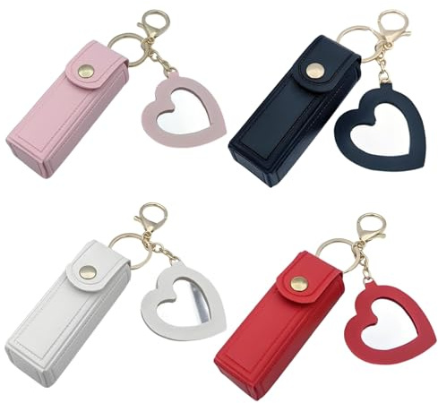 KOMUNJ 4 unidades de lápiz labial de cuero con espejo de corazón, estuche de poliuretano, soporte para lápiz labial, bolsa de brillo de labios, bolsa de bálsamo labial para mujeres, viajes, fiestas