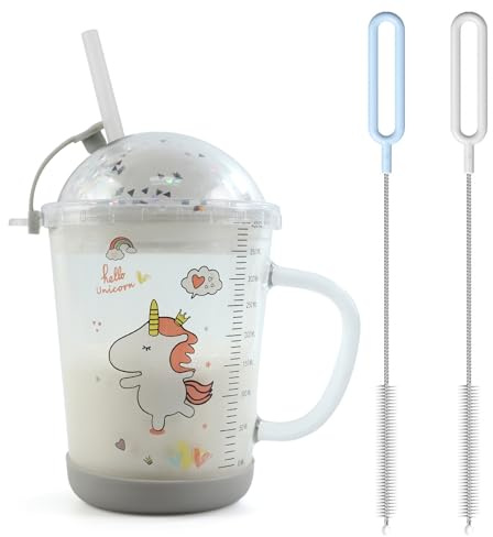 RoxNvm Taza de Leche con Pajita, 400ml Tazas para Medición, Vaso Leche con Tapa, Jarro con Pajita, Vaso Agua para Café Jugo, Té Helado (Caballo)