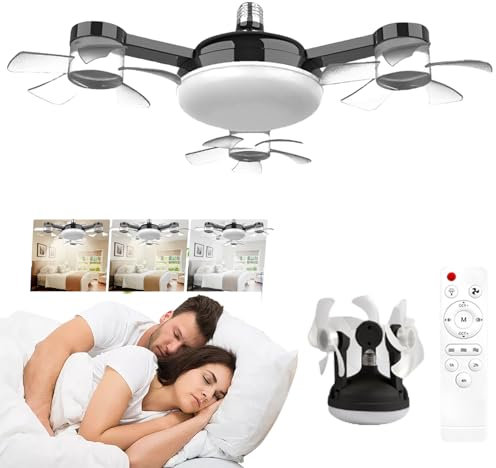 ytdzinoi Socket Fan Light Dimmable Drone Fan with Remote & Timing 3 Speed Wind Light Bulb Fan for E27 Base Screw in Ceiling Fans with 3 Color Mini Retractable Ceiling Fans for Bedroom, Kitchen