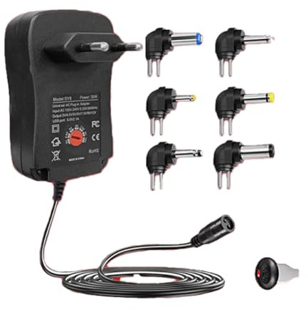 yasoe Chargeur Adaptateur avec Port USB, 6 Embouts de Fiche, Adaptateur 3V 4.5V 5V 6V 7.5V 9V 12V 2A/2.5A, Prise EU