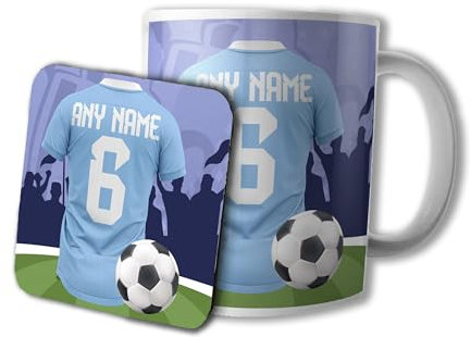 AK Giftshop Personalised Football Mug and Coaster Gift Set, 320ml Ceramic Cup, Sports Jersey Design with Name & Number On Shirt (Man City Colours)