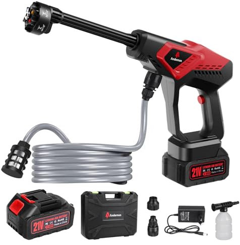 Andeman Akku Hochdruckreiniger, 55 Bar Mobiler Druckreiniger 4h-Laufzeit mit 3000mAh Akku,6-in-1 Multi Sprühdüse,5M Schlauch für Auto, Terrasse, Garten, Zaun