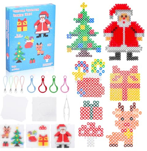 1200 Stück Große 5mm Bügelperlen Weihnachten Set, Steckperlen mit Steckplatte, 9 Bunte Farben Klein Bügelperlen, Weihnachten Muster und Bügelpapier Haken Kreatives Perlenset für Kinder (Blau)
