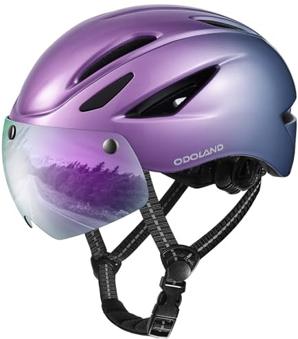 Odoland Bike Helmet - Adult Bicycle Helmet with Detachable Magnetic Goggles Visor - Mountain Road Cycling Certified Lightweight Helmet Adjustable for Men Women Purple Blue