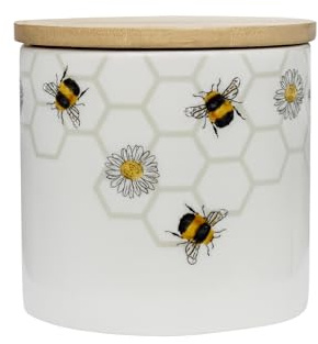 Bobzo Honeycomb Ceramic Bee Canister with Airtight Wooden Lid – White Stoneware Kitchen Storage Jar for Tea, Coffee, Sugar, Biscuits – Cute Bumblebee & Daisy Design