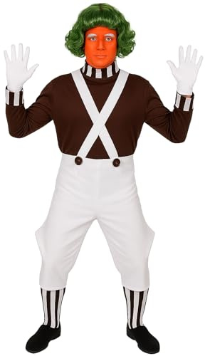 jokeshop Mens Chocolate Factory Worker Costume - Adults Book Week World Book Day Fancy Dress Costume - Includes Brown Top, White Dungarees, White Gloves and Green Wig - One Size