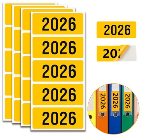 200 Stück Jahreszahlen Aufkleber 2026 Jahreszahl Etiketten 6 x 2,5cm Optimal für Ordner Selbstklebend 2026 Aufkleber Ordner Jahreszahlen 2026 für Kennzeichnung Ordnern Unterlagen und Ablage (Gelb)