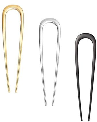 3 Pack French Hair Pins, Metal U-Shaped Hairpins Gold Silver Black Set for Hair Buns and Twists, 14cm/5.5in Hairpin for Women, All Hairstyles Accessories, Decorative Hair Fork Clips