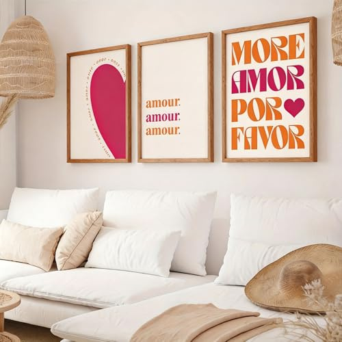 3er Rosa Poster Set, Ästhetische Inspirierende Zitate Liebe More Amor Por Favor Poster auf Leinwand Bilder Moderne Ästhetische Wandbilder für Wohnzimmer Schlafzimmer Deko,Ohne Rahmen (30*40cm)