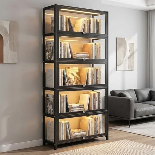 Scribora 5 Tier Bamboo Storage Bookcase with Acrylic Glass Doors, Tall Storage Bookshelf,Display Cabinet for Collectibles, Toys & Books for Living Room, Study Room & Home Office (Black-Flip Door)