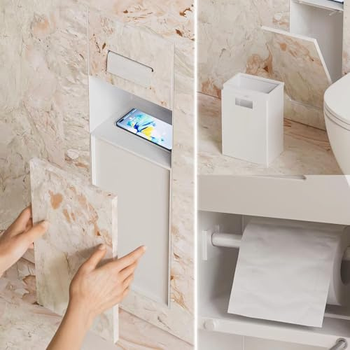 Vibeo Niche Douche Encastrable Porte Papier Toilette Encastré avec Poubelle Amovible, Niche Murale Encastrée à Carreler, Porte Rouleau Toilette Encastré pour Salle de Bain