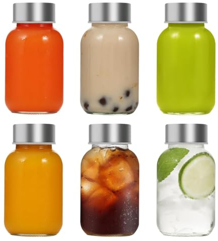 PISTISJACK 6er Glasflaschen 150ml mit Edelstahl Deckel,Smoothie Gläser Sets,Smoothie Becher to go für Säfte,Smoothies,Milch,Glas-Saftflaschen,BPA-frei,Wiederverwendbar Glaswasserflasche.