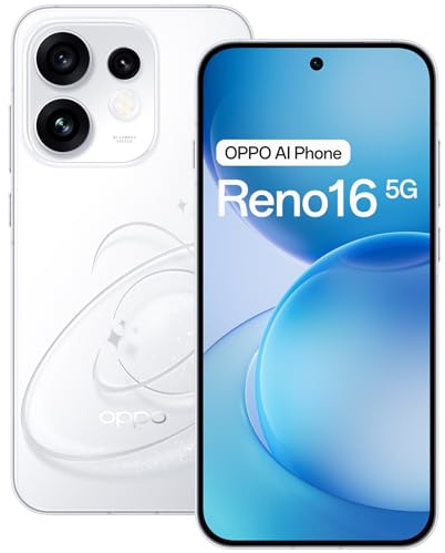 OPPO Reno16 5G Smartphone 8+256GB 6000mAh 120Hz 50MP, Pop White | 50MP Ultra Wide Selfie Camera, 4K Video, Snapdragon 7 Gen 4, 6.32 AMOLED, 80W SUPERVOOC, OIS, aerospace aluminium frame.