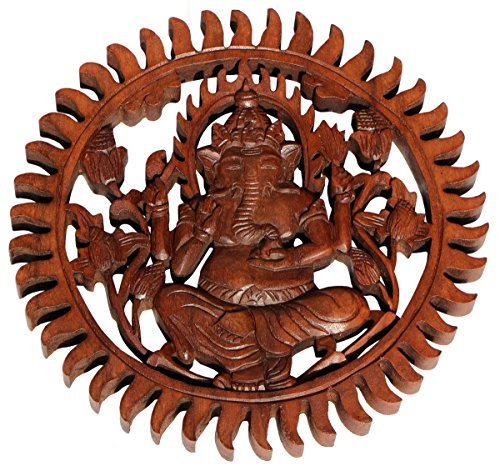 Schöner Ganesha in Sonne Holz Relief Elefant Wand Deko Handarbeit Bali Rel33