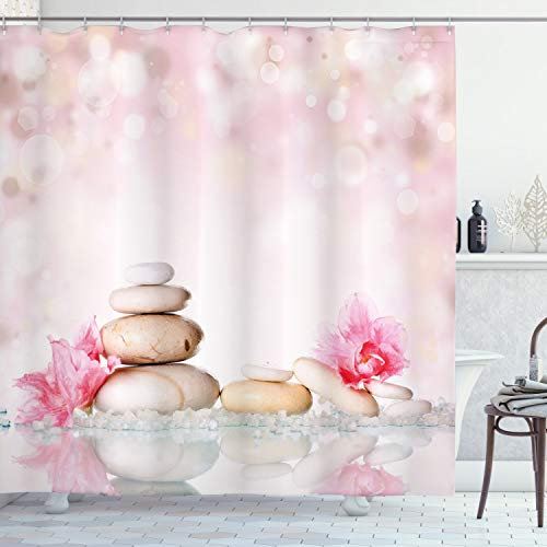 ABAKUHAUS Spa Duschvorhang, Bohemian Chakra Stones, Stoffliches Gewebe Badezimmerdekorationsset mit Haken, 175 x 180 cm, Pale Pink Peach