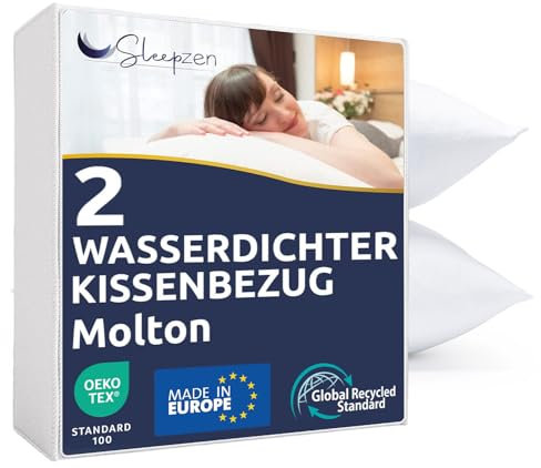 Wasserdichter Kissenbezug 80 x 80 cm, Kissenschoner mit Reiflverschluss, Made in EU Oeko-Tex® Zertifiziert Recycelte Baumwolle Molton GRS® Weiches, 2er Pack Zip, Anti-Milben & Bettwanzen