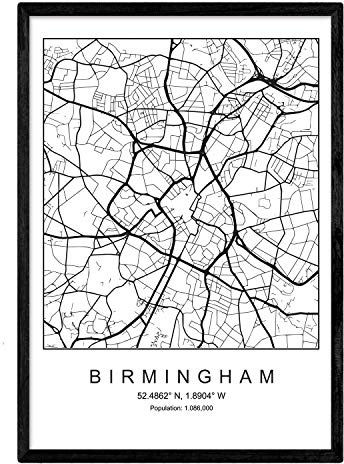 Nacnic Blatt Birmingham City Karte nordischen Stil schwarz und weiß. A3 Größe Plakat Das bedruckte Papier Keine 250 gr. Gemälde, Drucke und Poster für Wohnzimmer und Schlafzimmer