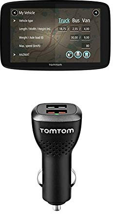 TomTom GO Professional 620 LKW-Navigationsgerät (Updates über Wi-Fi, 15,2 cm (6 Zoll), Smartphone-Benachrichtigungen) + Duales USB Auto-Schnellladegerät (geeignet für alle TomTom Navigationsgeräte)