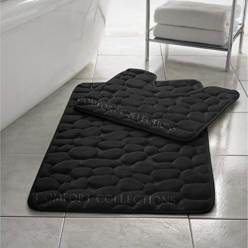 Comfort Collections Badvorleger-Set, rutschfest, weich, WC- und Badteppich, Memory-Schaum, Kieselstein-Design, Farbe: Schwarz, 2-teilig