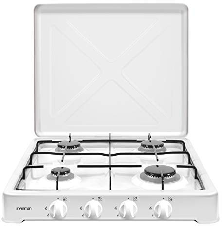 INFINITON | Cocina de Gas Portatil GGP-4F | 50cm de Ancho | Hornillo a Gas | Quemadores desmontables | 4 Fuegos | Portatil | Apoyo antideslizante | Color Blanco