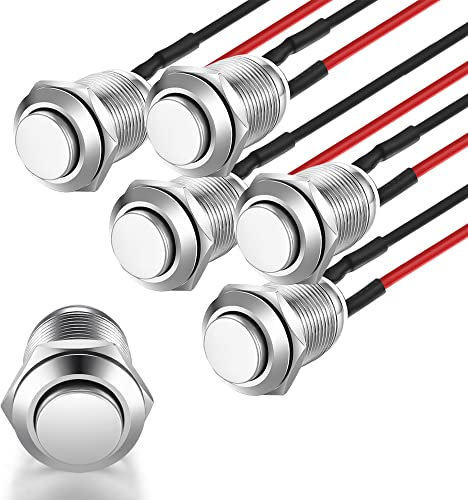 Gebildet 5pcs Interruptor de Botón de Enganche Autoblocante Pulsador a Prueba de Agua Botón de Acero Inoxidable Encendido Apagado con Alambre 12mm 2A 12V/24V/125V/250V(Cabeza Alta)