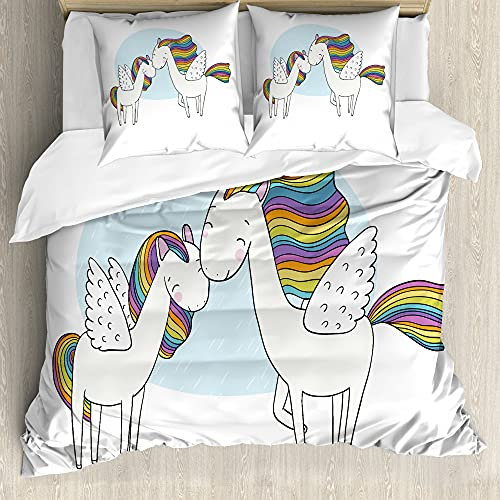 ABAKUHAUS Einhorn Bettbezug Set für Einzelbetten, Bunte Pegasus Pferde, Milbensicher Allergiker geeignet mit Kissenbezug, 155 cm x 200 cm - 80 x 80 cm, Mehrfarbig
