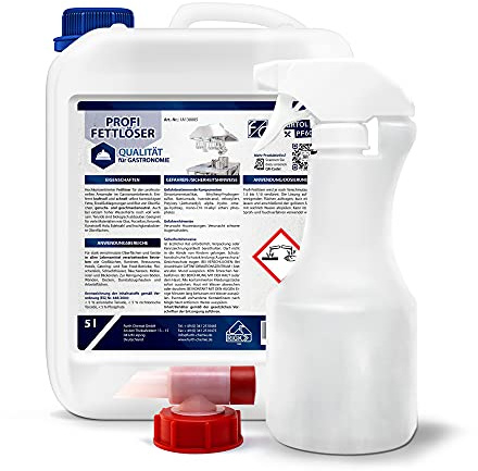 Profi Fettlöser & Nikotinreiniger, 5 l | Lebensmittelecht, Hochkonzentriert – Entfernt Fett, Eiweiß & Nikotin – Für Küche, Backofen, Grill, Dunstabzug, Böden inkl. Auslaufhahn und Sprühflasche