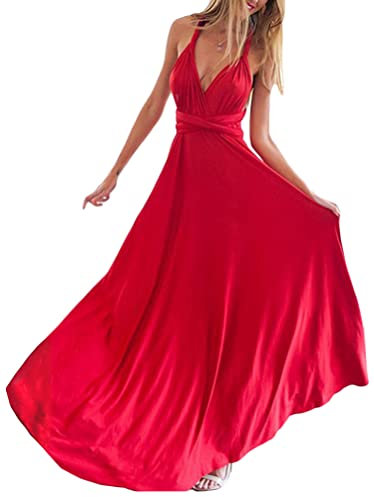 Onsoyours Femme Robe Longue de Cérémonie Chic Robe Multi-Style Sexy Taille Haute sans Manche Robe d’Eté Bandage de Soirée Cocktail Demoiselle d'honneur Mariage Fête Aniversaire Rouge L